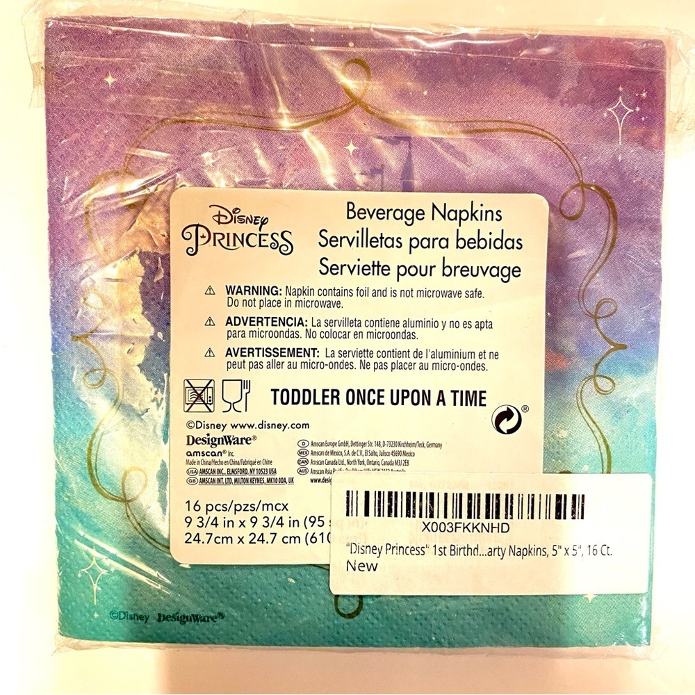 "Disney Princess" 1st Birthday Metallic Beverage Party Napkins, 5" x 5", 16 Ct. - Picture 4 of 5